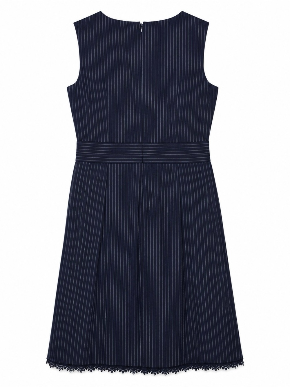 Brooks Brothers sz 2 Sleeveless Navy White Pinstripe Midi Sheath Dress Lace Hem - Picture 3 of 7